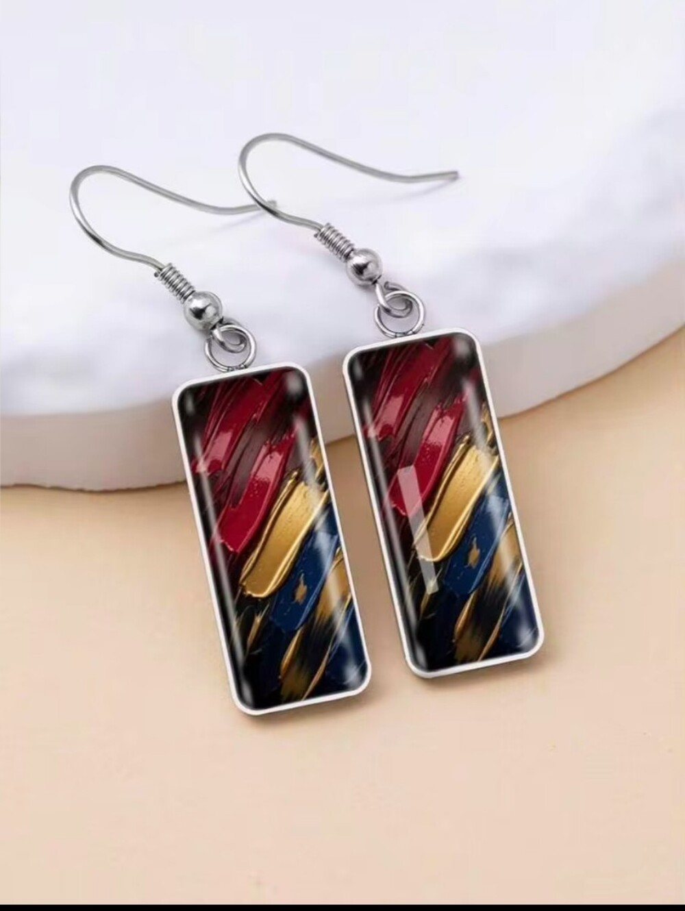 Silver Drop Earrings with Red, Gold & Blue Abstract Inlay